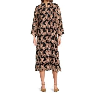 J.Marie Women's Black Floral Talia Lace Mandarin Collar Midi Caftan Dress NWT